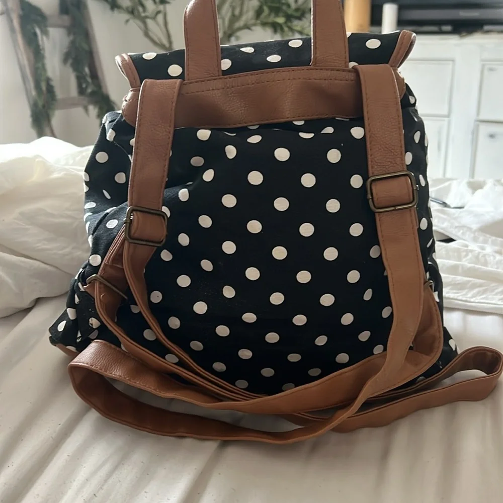 Brand New!!Polka Dot Backpack with Tan Accents - Picture 2 of 2